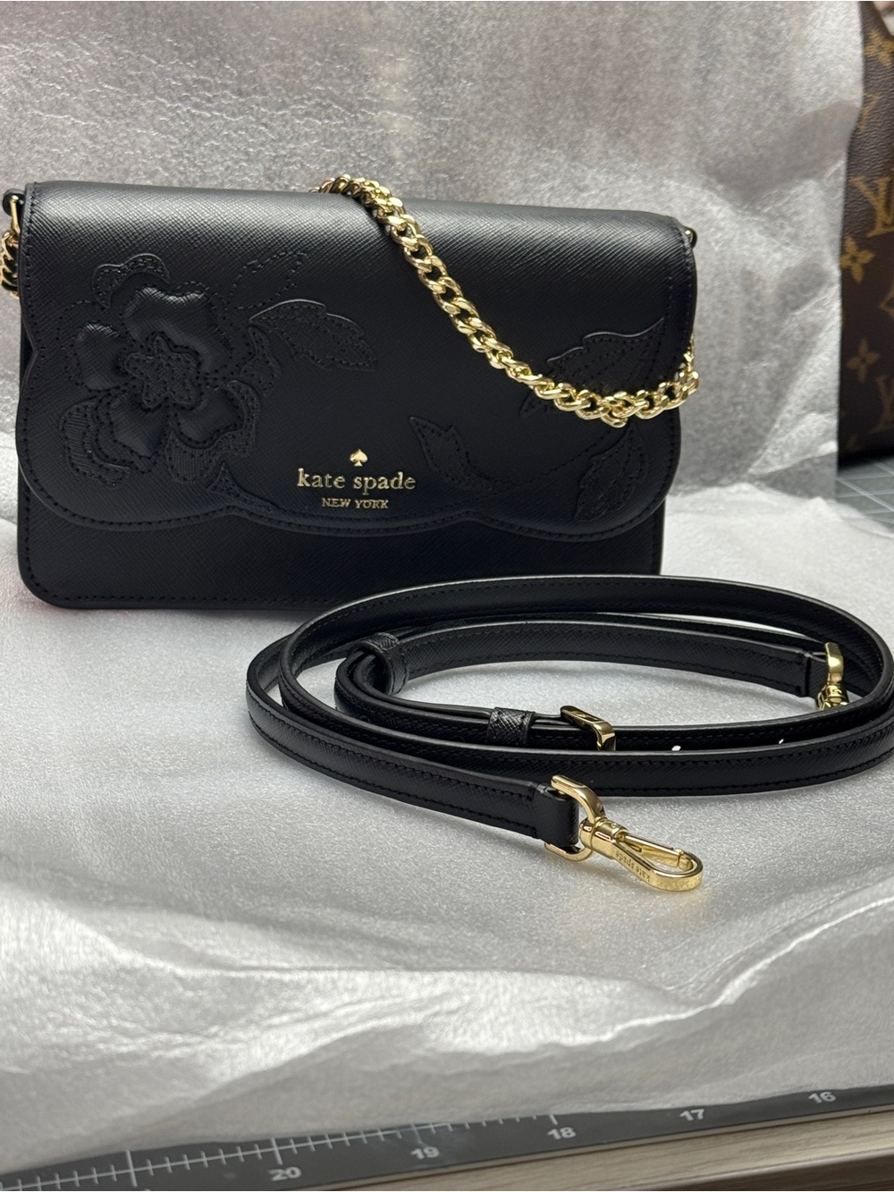 Kate Spade Black Floral debossed Crossbody Bag with Gold Chain